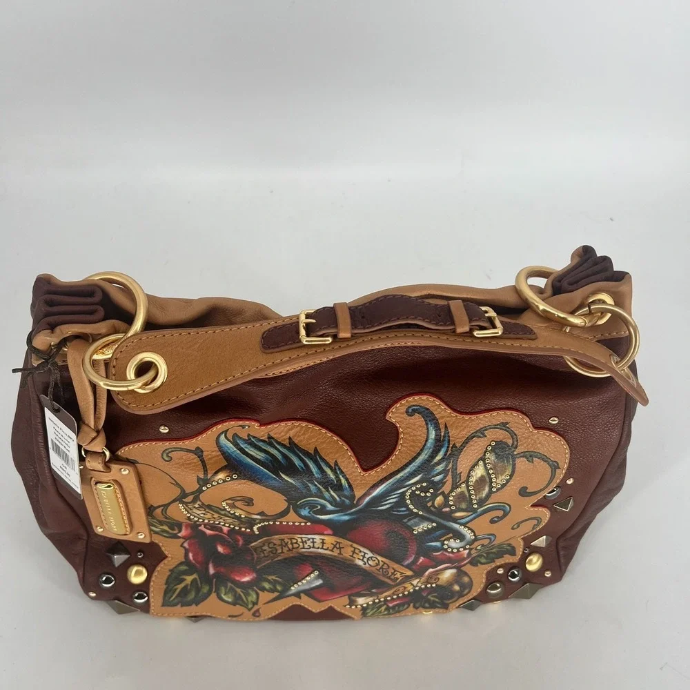 Vtg Isabella Fiore Peace & Love Rafaela Hobo Brown‎ Handbag Leather Y2K Tattoo